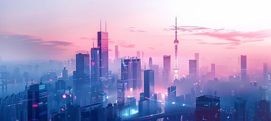 Modern futuristic abstract of minimalistic cityscape with twilight sky. Artistic towering skyscraper background with gradient sky in evening time