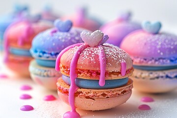 Obraz na płótnie Canvas Colorful Pastel Macarons with Raspberry Drizzle and Sprinkles, Arranged in a Heart Pattern