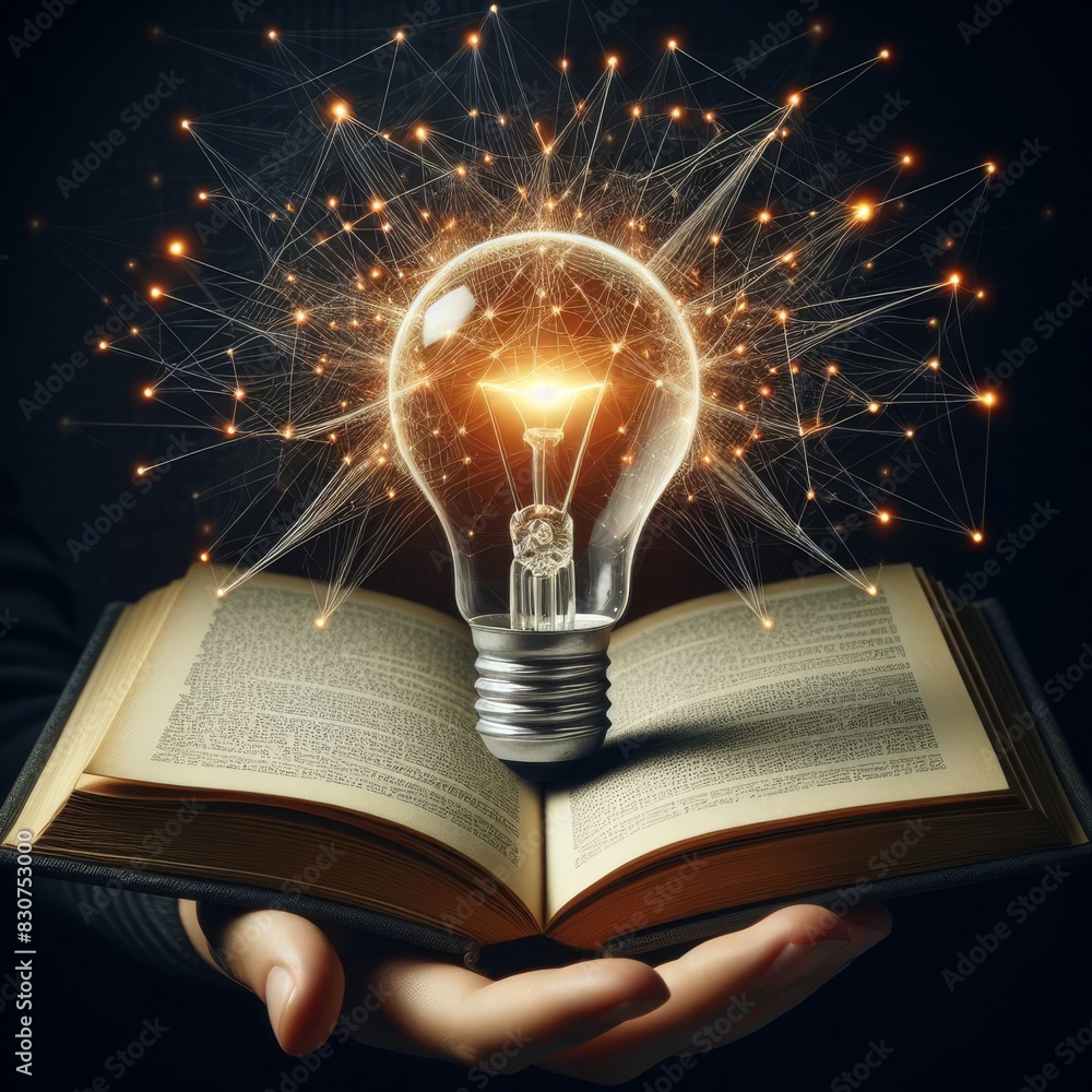 Poster magical representation of a glowing light bulb with sparks and network connections emerging from an 