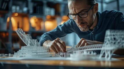 A civil engineer working on a bridge design, close up, architectural engineering theme, realistic, overlay, design studio backdrop