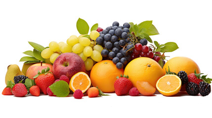 Fresh fruits on a white background, featuring apple, orange, grape, lemon, pear, kiwi, pineapple, and banana