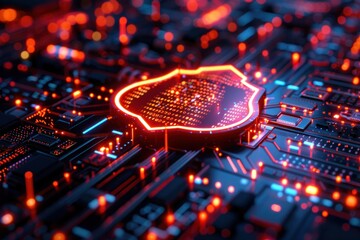 A computer chip with a red shield on it