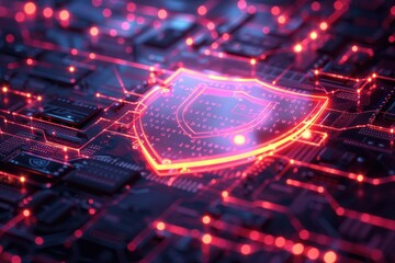 A computer chip with a red shield on it