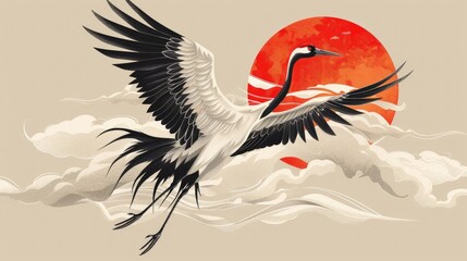 Japanese Crane Flying in the Sky Vector illustration t shirt design AI generated © muji