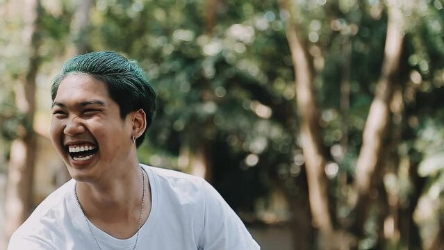 Happy european man dancing, showing yeah gesture of victory, he achieved result, goals