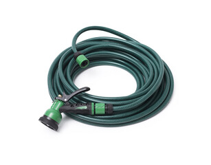 Green garden hose isolated on white background