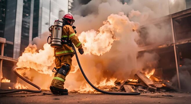 A dedicated firefighter in full gear battles a raging blaze in an urban area, demonstrating courage and heroism.
