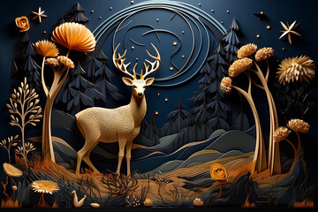 Dark blue mural wallpaper from the contemporary era Christmas tree, mountain, deer, birds, and waves of gold on a dark blue backdrop depicting a jungle or forest.
