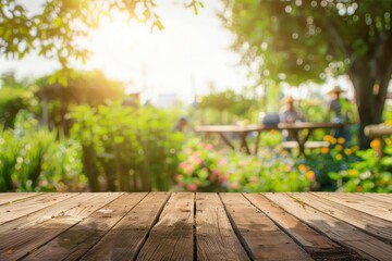 Empty wooden table, with blurred park and garden background. Space for product or brand advertising