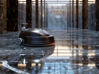 Floor buffer machine in action, on a shiny marble floor, realistic render
