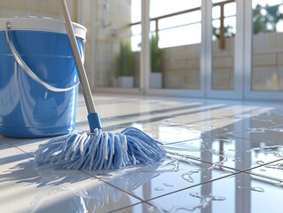 Floor mop with a wringer bucket, on a clean floor, high detail