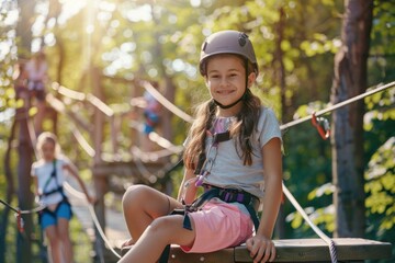 Female friends wearing harness in park