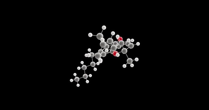 Cannabichromene molecule, rotating 3D model of cannabichrome, looped video on a black background