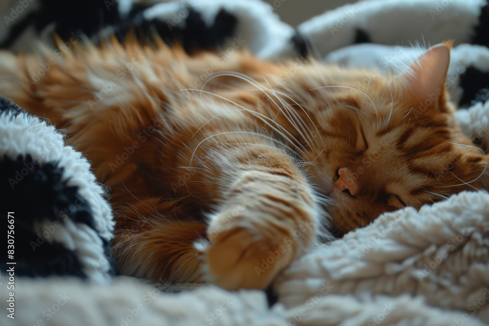 Wall mural sleepy ginger cat napping in a cozy black and white blanket