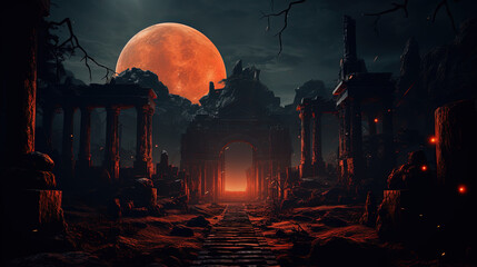 Fototapeta premium red moon during an eclipse, over a cemetary at night