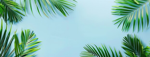 Obraz premium A painting depicting palm trees standing tall against a clear blue sky, with no clouds in sight