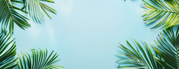 A painting depicting palm trees standing tall against a clear blue sky, with no clouds in sight