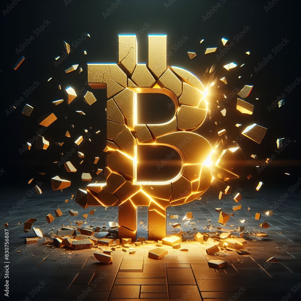 Poster dynamic depiction of a bitcoin symbol shattering into pieces, illuminated by a dramatic golden light
