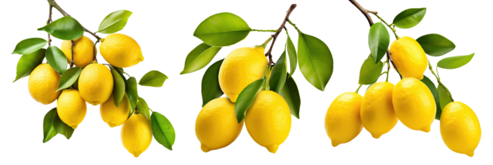 Set of fresh delicious lemons on branches, cut out