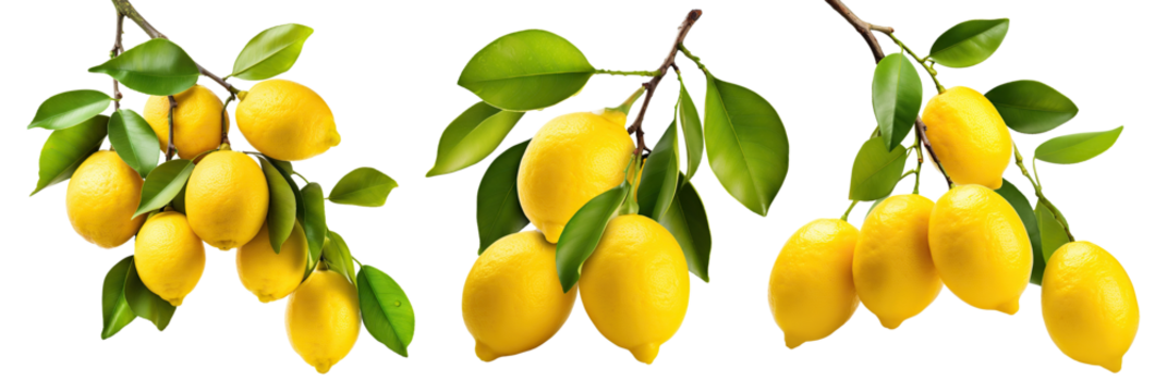 Set of fresh delicious lemons on branches, cut out