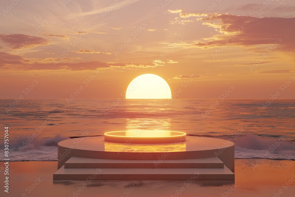 Poster Sunset Beach Podium: A 3D podium illuminated by the warm, golden hues of a beach sunset.