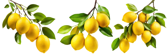 Set of fresh delicious lemons on branches, cut out