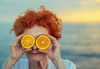 old woman with oranges in her eyes