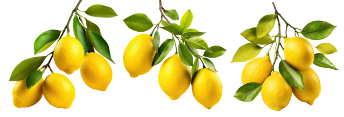 Set of fresh delicious lemons on branches, cut out