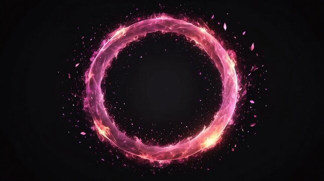 abstract circle of pink glowing light particles with fire flame on plain black background