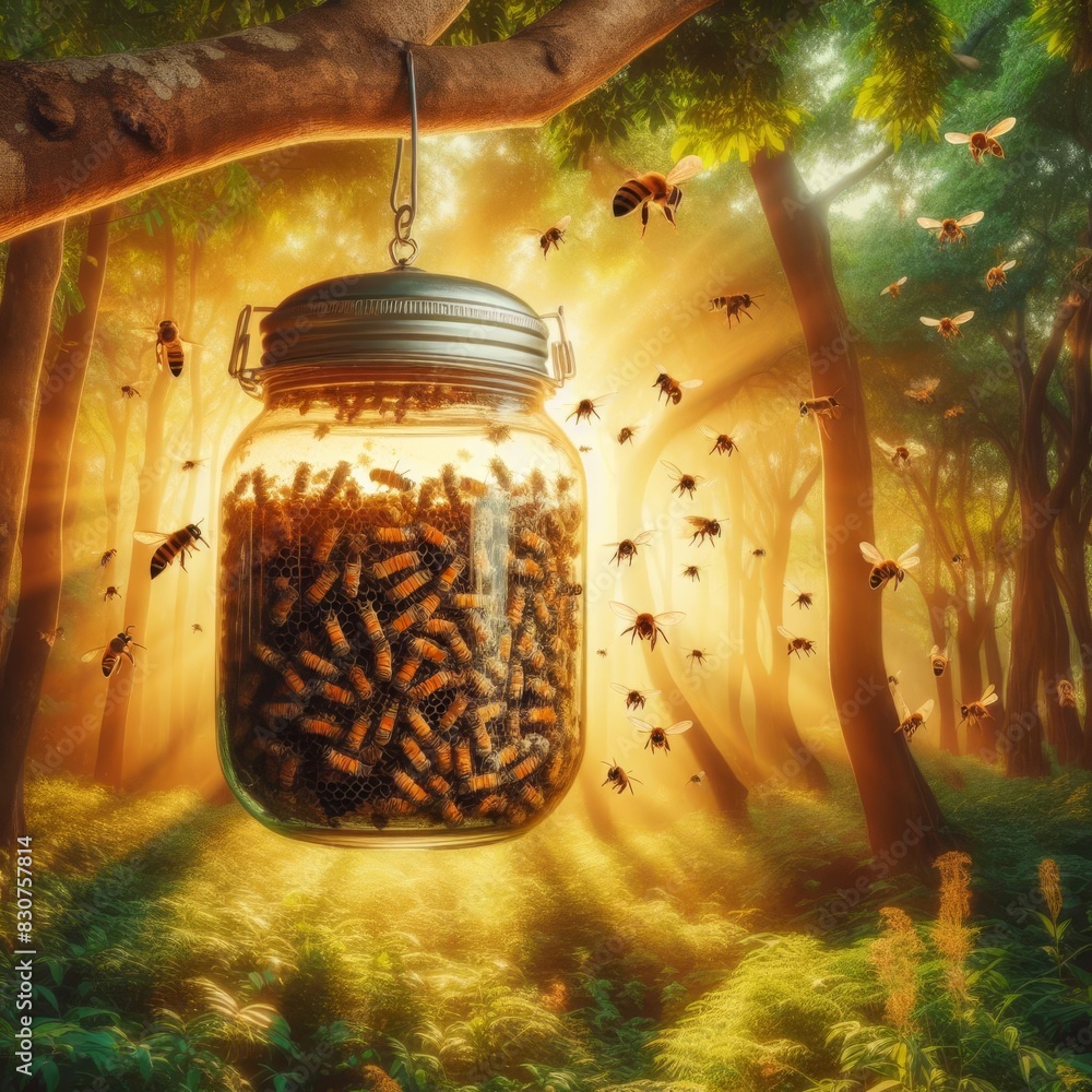 Poster a fantastical scene of bees swarming around a large honeycomb inside a hanging glass jar in an encha