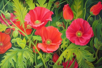 Vibrant red poppy flowers in full bloom amidst lush green foliage, painted in bright and vivid colors.