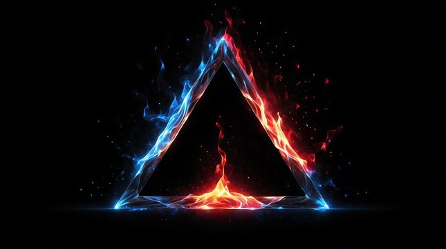 abstract triangle of red blue glowing light particles with fire flame on plain black background