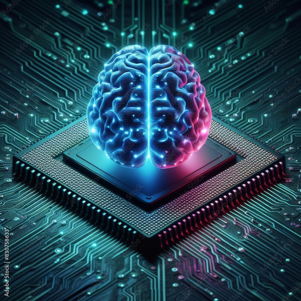 Poster a digitally rendered concept of a bright blue neon brain sitting atop a detailed circuit board, repr