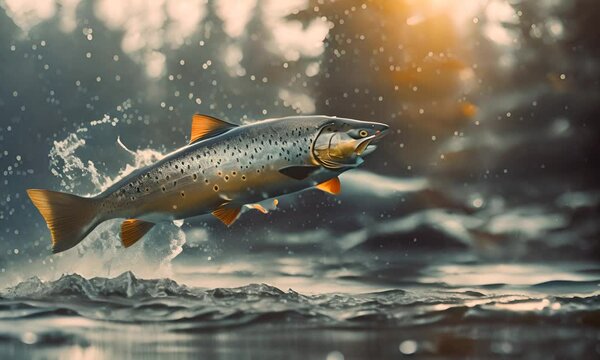 Wild chinook salmon fish jumping out of river water in a forest 4K Video