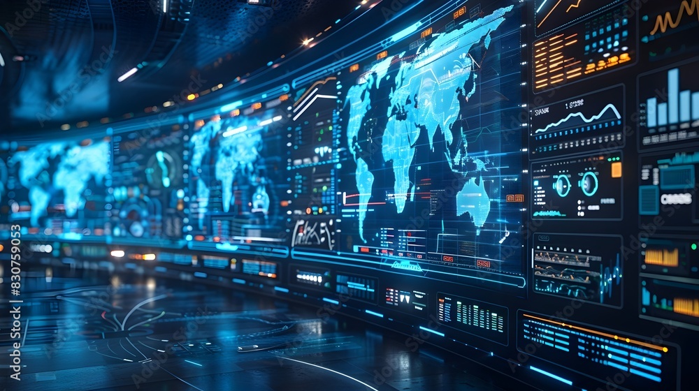 Poster high tech global data command center showcasing cutting edge analytics and insights