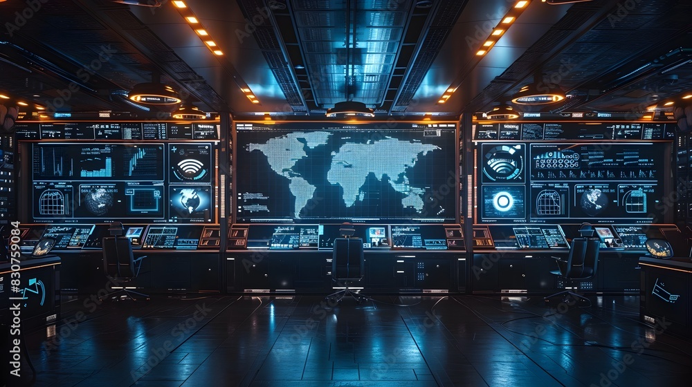 Poster futuristic high tech command center with global data analytics and monitoring