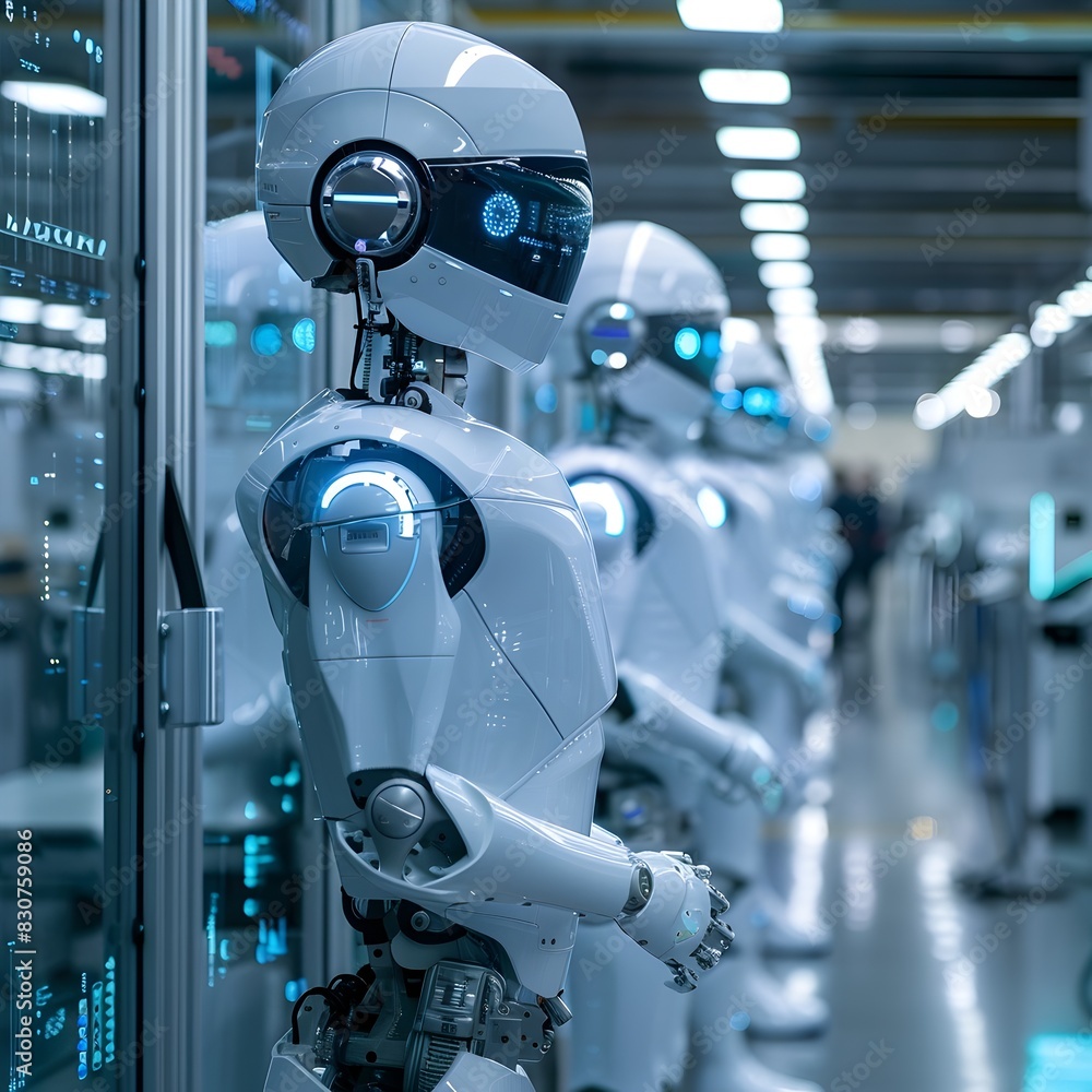 Poster humanoid robots being programmed in high tech research laboratory