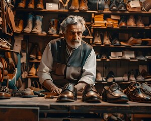 Skilled Bespoke Shoemaker Handcrafting Leather Shoes with Traditional Techniques in His Workshop