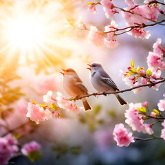 Sparrow chirping on the branch of cherry blossom in the early morning of spring beauty background