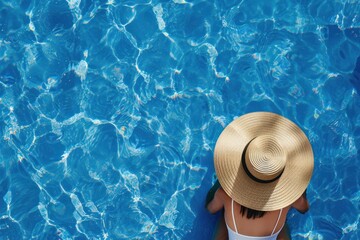 young beautiful woman in straw hat relaxing in spa pool