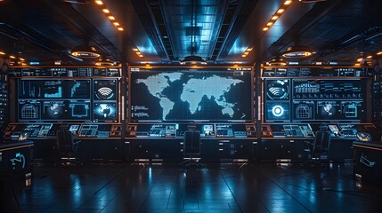Futuristic High Tech Command Center with Global Data Analytics and Monitoring