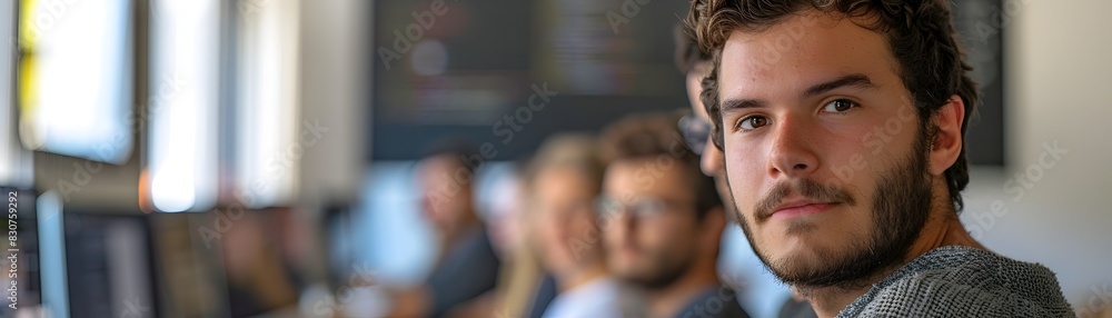 Poster innovative tech startup team collaborating in open office environment