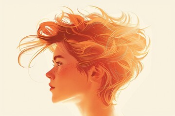 Stylized Profile Portrait of a Girl with Red Hair and Wind-blown Strands