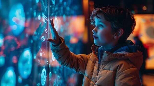 Boy Exploring Interactive Museum Exhibit with Augmented Reality Technology