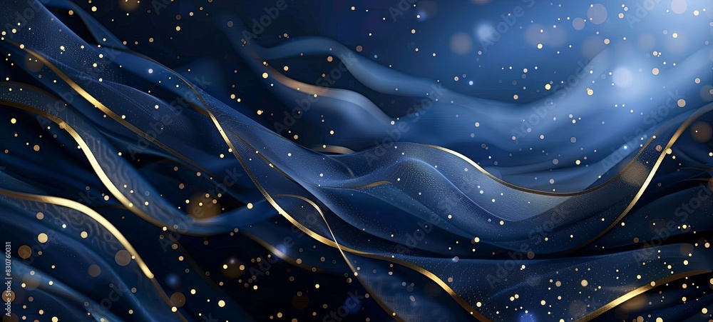 Poster blue luxury background with gold trim lines and curved light effect with bokeh elements.