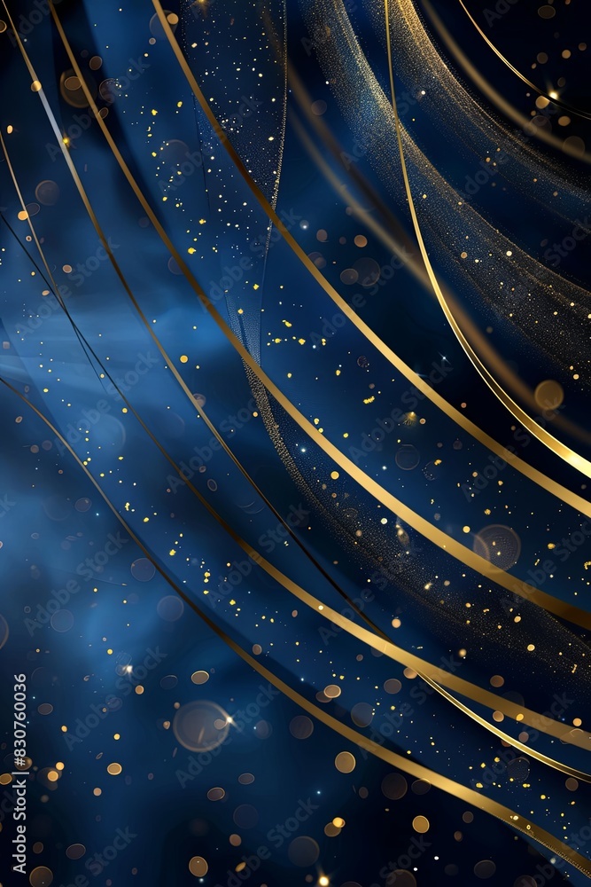 Poster blue luxury background with gold trim lines and curved light effect with bokeh elements.