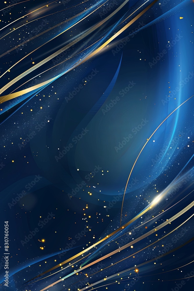 Poster blue luxury background with gold trim lines and curved light effect with bokeh elements.