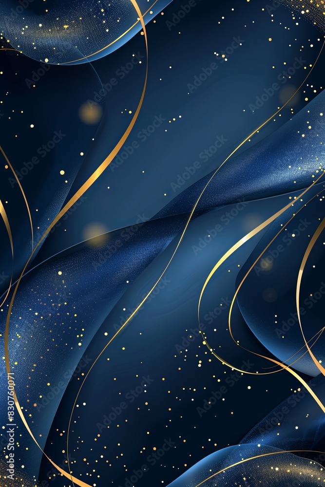 Poster blue luxury background with gold trim lines and curved light effect with bokeh elements.
