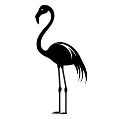 Fototapeta premium Silhouette of a Standing Flamingo, Black and white silhouette of a flamingo standing, highlighting its long neck, legs, and distinctive beak.