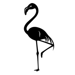Naklejka premium Silhouette of a Standing Flamingo, Black and white silhouette of a flamingo standing, highlighting its long neck, legs, and distinctive beak.